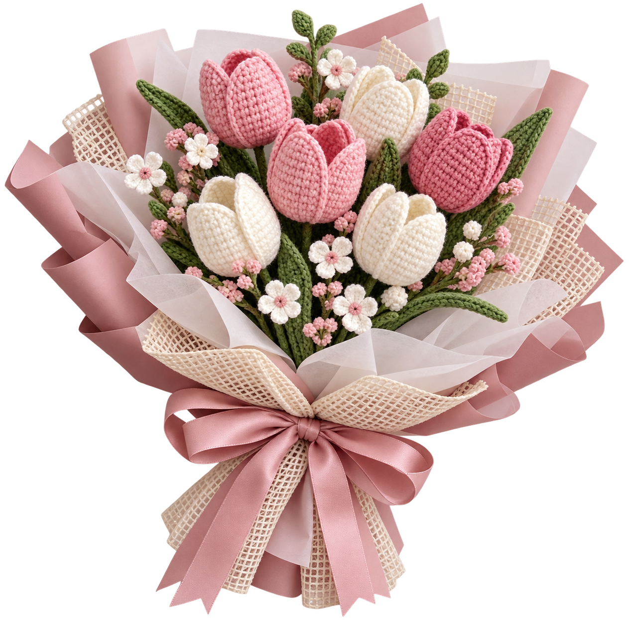 Pink and ivory crochet tulips with green leaves, wrapped in blush paper and tied with a pink ribbon
